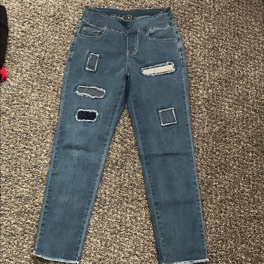 Trendy Blue Patchwork Straight Leg Jeans